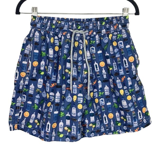NWOT MORELLI MILANO Beach Trunks M Novelty Print Alcohol Bottles Mesh Lined - Picture 1 of 7